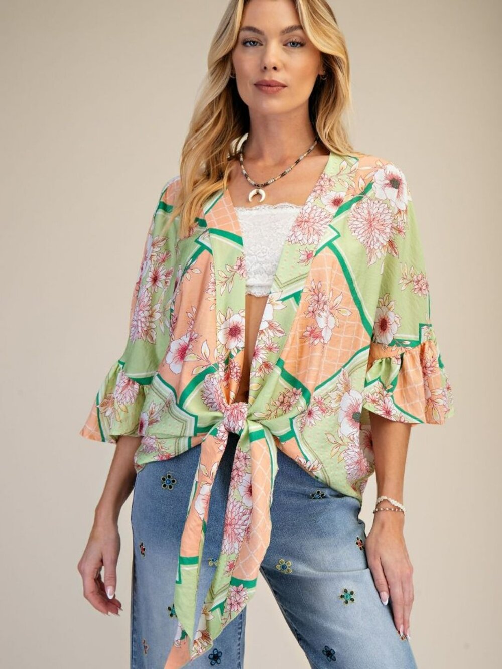 NWT Easel Floral Peach Blossom Kimono Tie Shrug in Sage & Coral